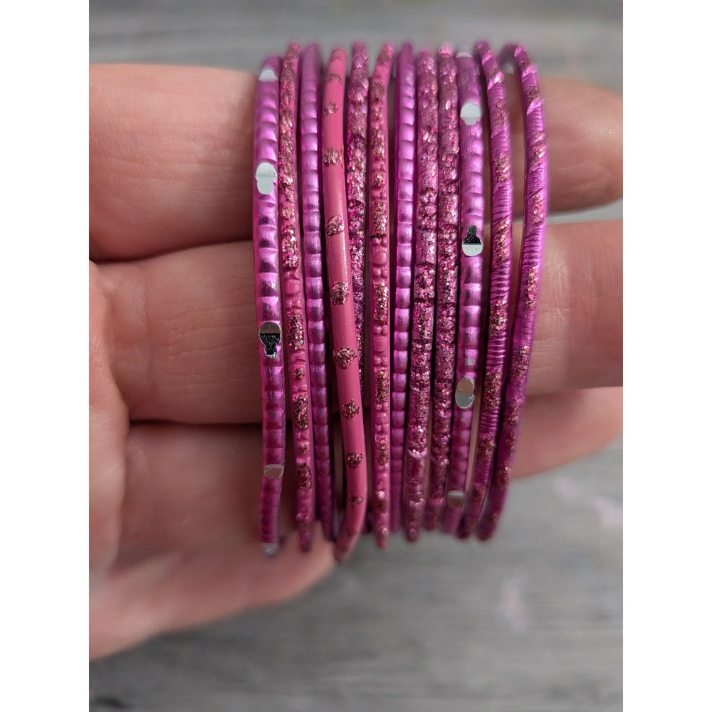 Pink Metal Bangle Bracelet Set 12pc Textured Glitter Fuchsia Stackable Jewelry